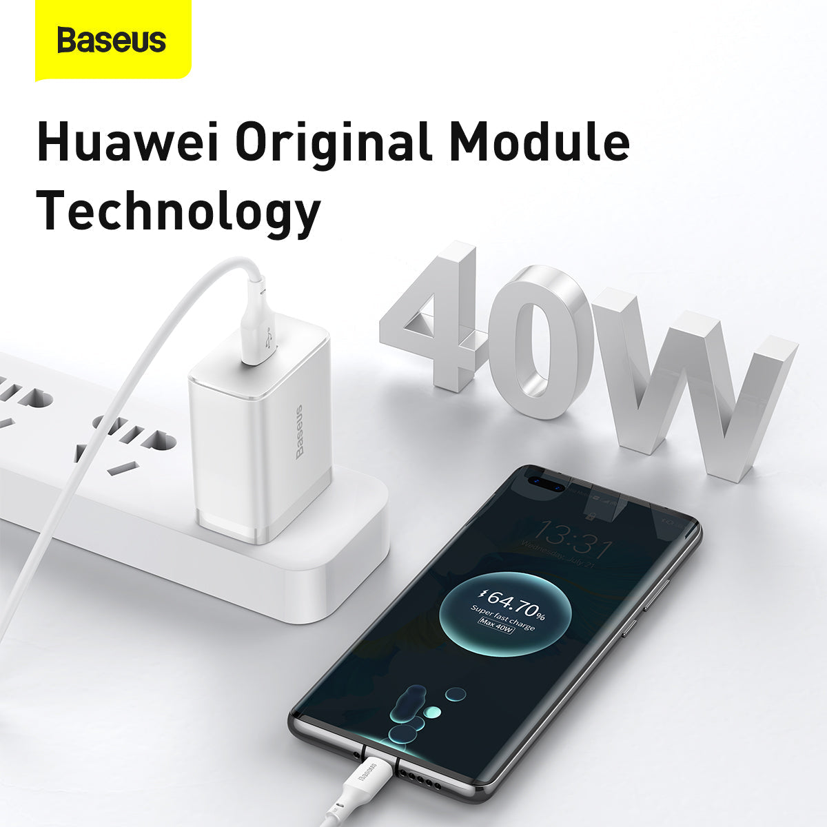 BASEUS Super Fast Charger (Huawei Module) 1U 40W, CN White（With Baseus Simple Wisdom 5A Data Cable USB to Type-C 1.0m White）
