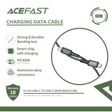 ACEFAST C1-03 USB-C TO USB-C ALUMINUM ALLOY CHARGING DATA CABLE (60W MAX)(1.2M), PD Cable, 60W Cable, Charging Cable, Data Cable