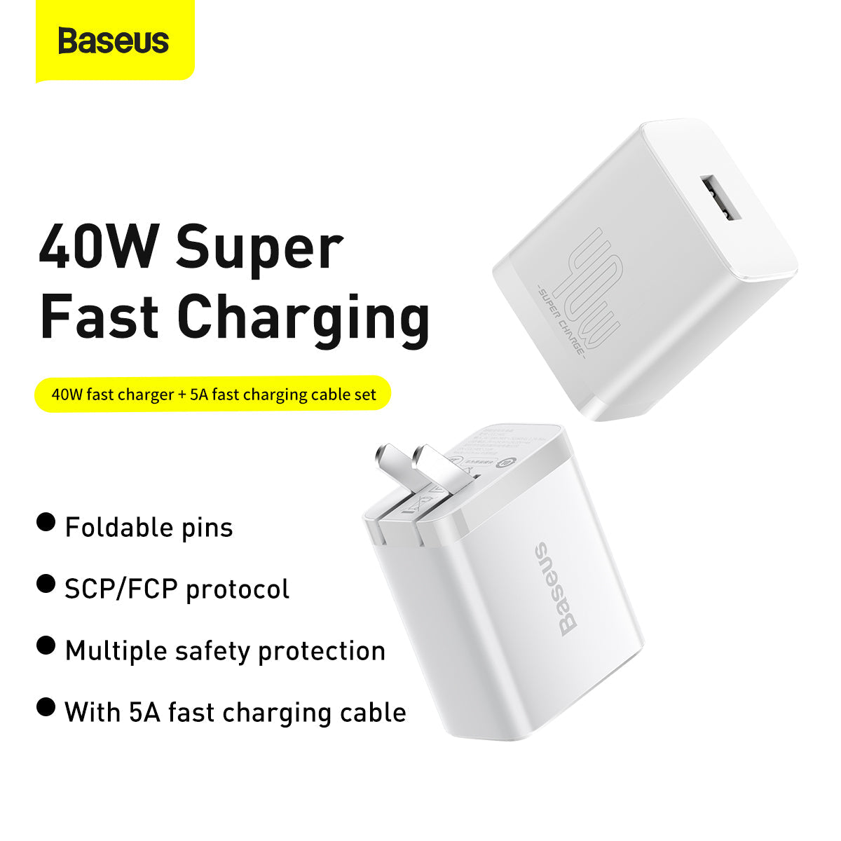 BASEUS Super Fast Charger (Huawei Module) 1U 40W, CN White（With Baseus Simple Wisdom 5A Data Cable USB to Type-C 1.0m White）