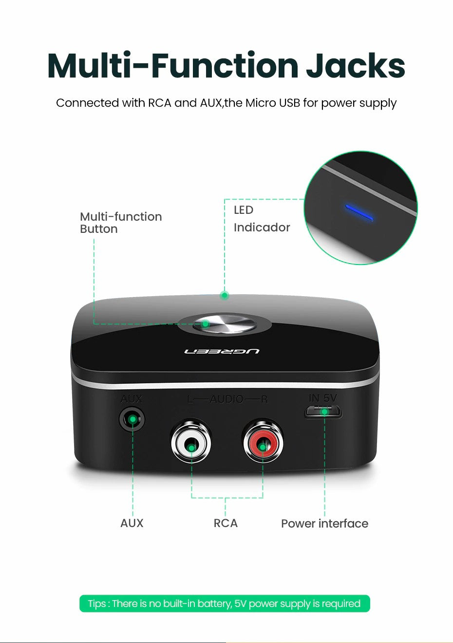 UGREEN Bluetooth Wireless Receiver Audio Adapter 5.0 aptX 3.5mm Aux LL RCA  Jack