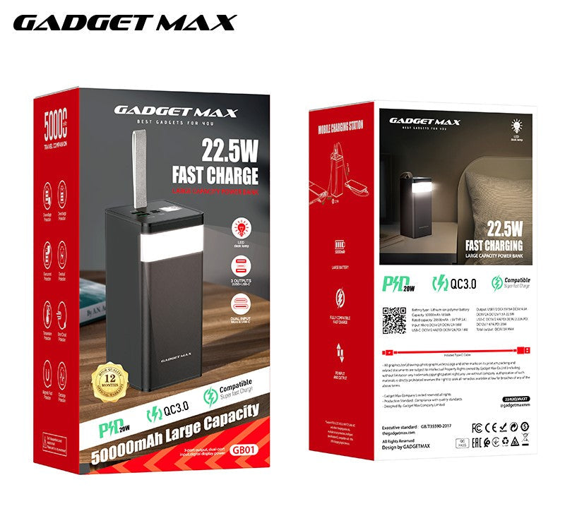 Gadget Max GB-50PRO 50000MAH PD20W+ QC22.5W With Cable Fast Charging P –