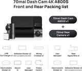 70mai True 4K Dash Cam A800S, Front and Rear, Super Night Vision, Built in GPS, Parking Mode, ADAS, Loop Recording, iOS/Android App Control (Front and Rear)
