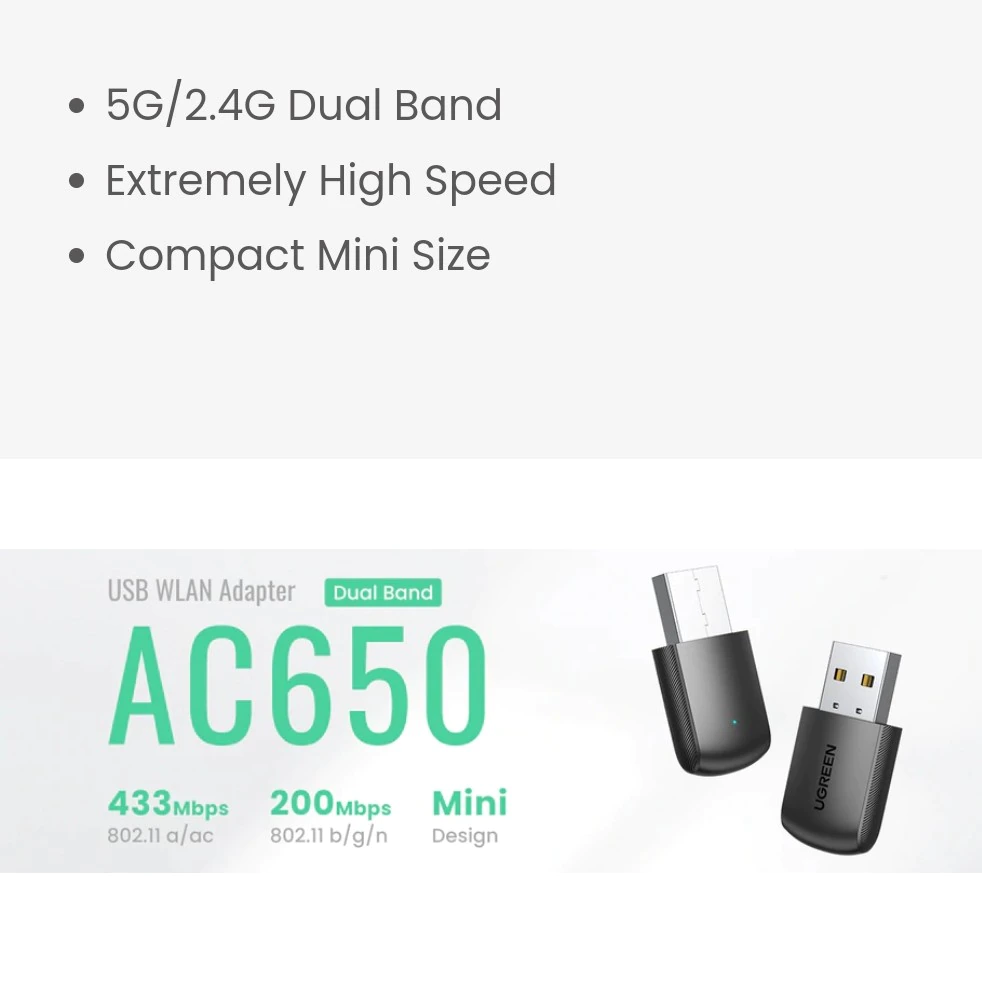 UGREEN USB WiFi Adapter for Desktop PC AC650 5G 2.4G Dual Band