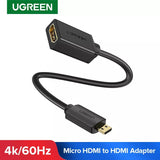 UGREEN MICRO HDMI MALE TO HDMI FEMALE ADAPTER CABLE (22CM), HDMI Male to HDMI Female Adapter Cable, Male to HDMI Female Adapter